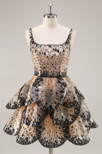 Black Apricot Sequined Tiered A Line Homecoming Dress